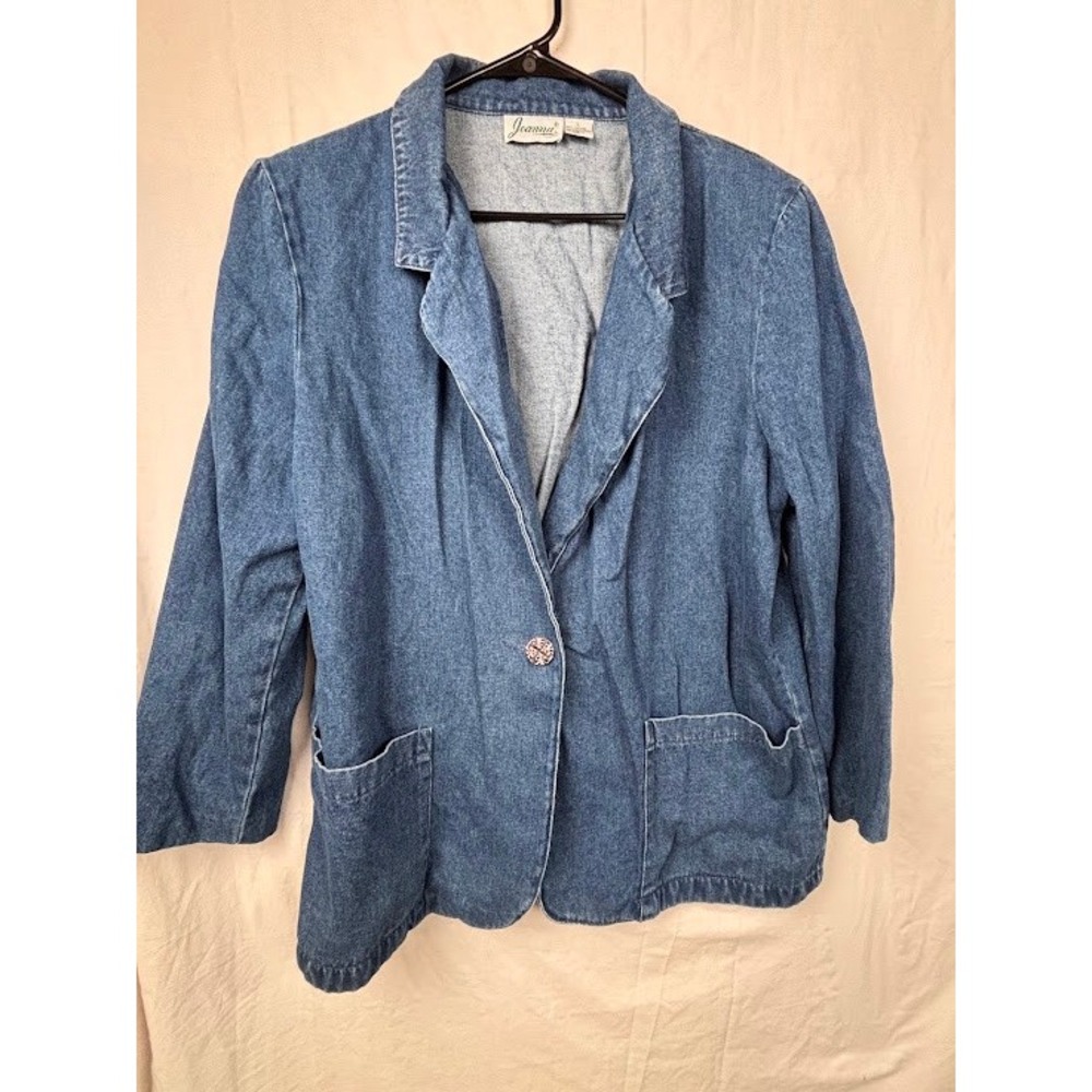 Joanna Vintage Blue Denim Blazer Jacket Single Button Cotton Large Shoulder Pads
